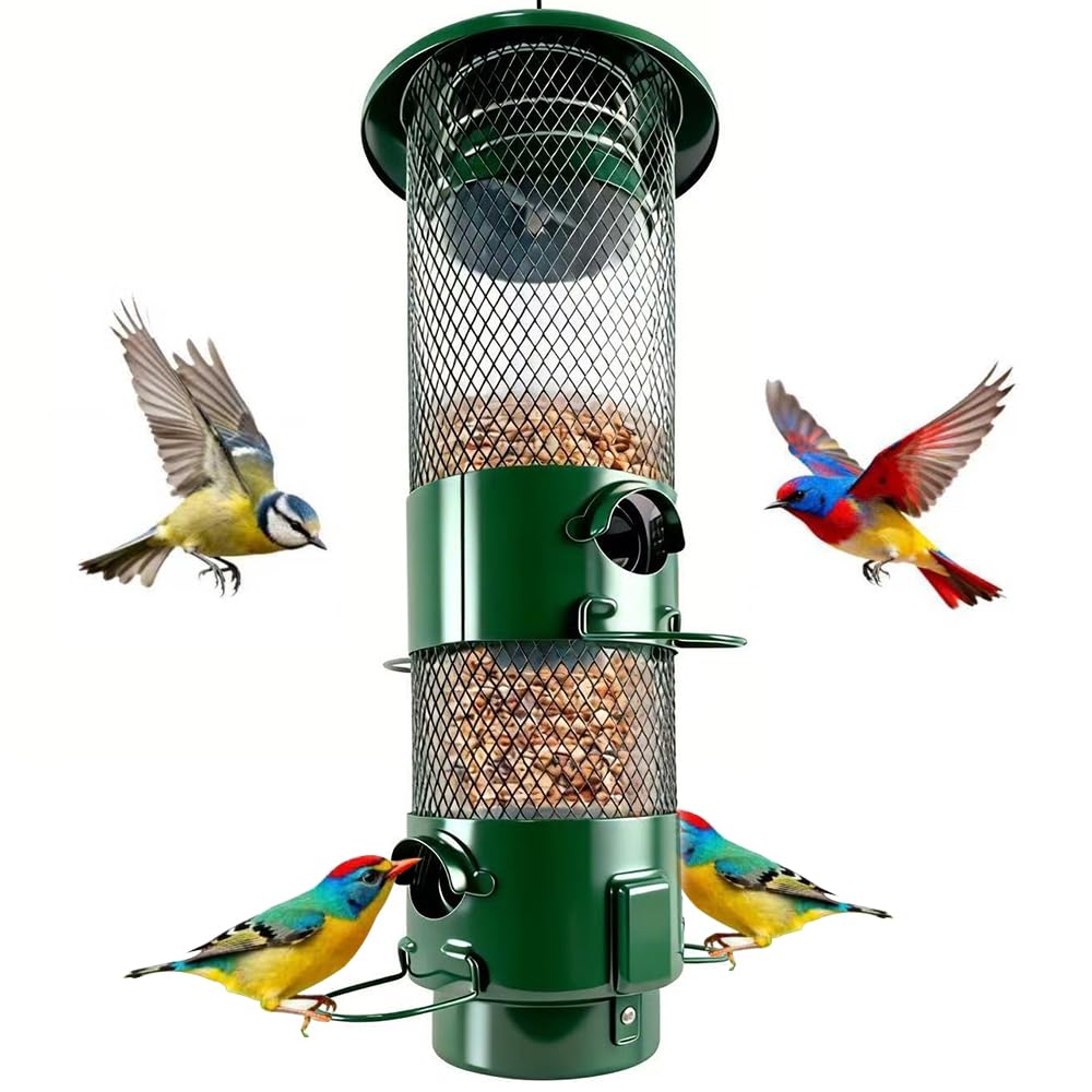 Squirrel Proof Bird Feeder for Outdoors, 4 Port Hanging Metal Wild Bird Feeder with Weight-Activated Perches, 3LB Large Capacity Chew-Proof Weather Resistant Bird Feeder Outside, Green