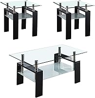Vista 1 de Juego de 3 mesas auxiliares para sala de estar con 1 mesa auxiliar y 2 mesas auxiliares, moderno juego de mesa de centro de cristal negro de 3