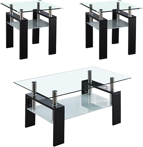Juego de 3 mesas auxiliares para sala de estar con 1 mesa auxiliar y 2 mesas auxiliares, moderno juego de mesa de centro de cristal negro de 3