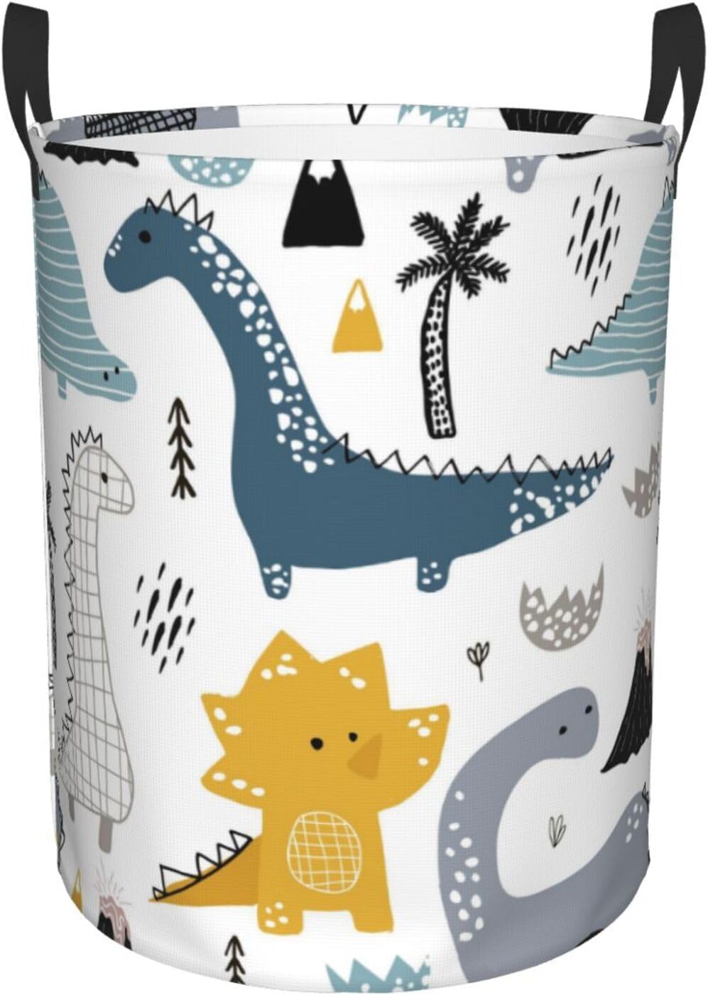 Hand Drawn Dinosaur Laundry Basket Waterproof Foldable Laundry Hamper with Durable Handle Round Storage Bin Dirty Clothes Bag for Bedroom Children Nursery Bathroom
