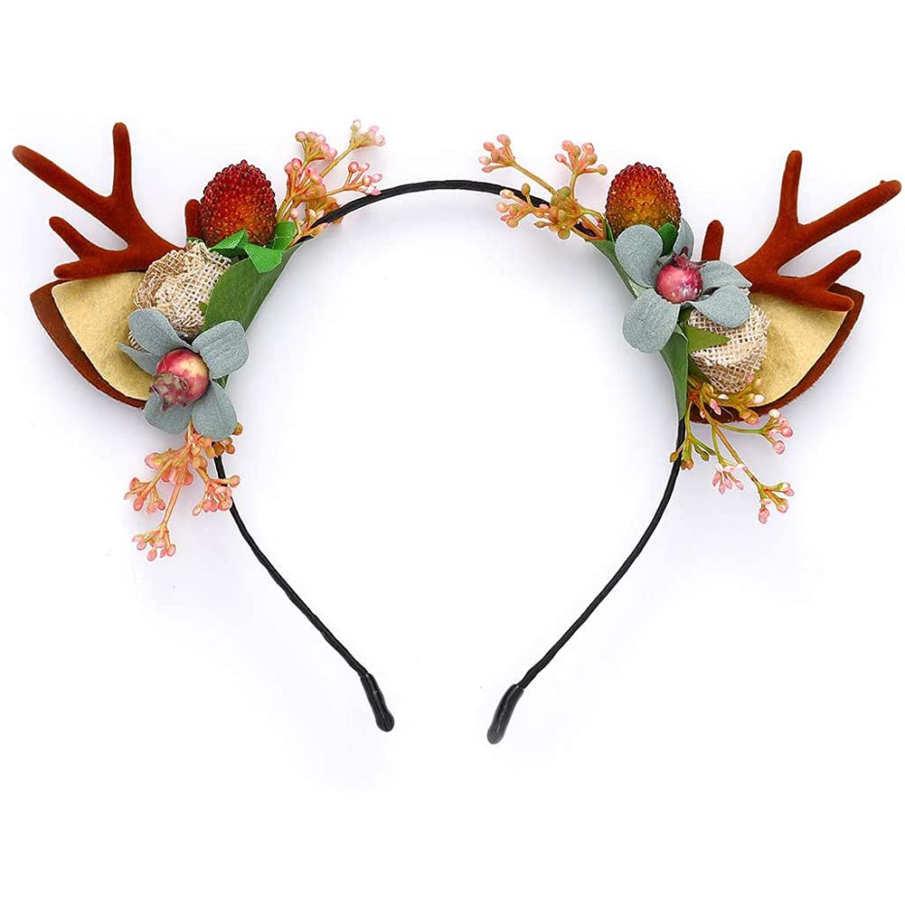 QUUPY Christmas Deer Antlers Flower Berry Headband Crown Floral Headband Christmas Boho Headdress Party Headwear Hair Hoop Christmas Hair Accessories for Women Girls