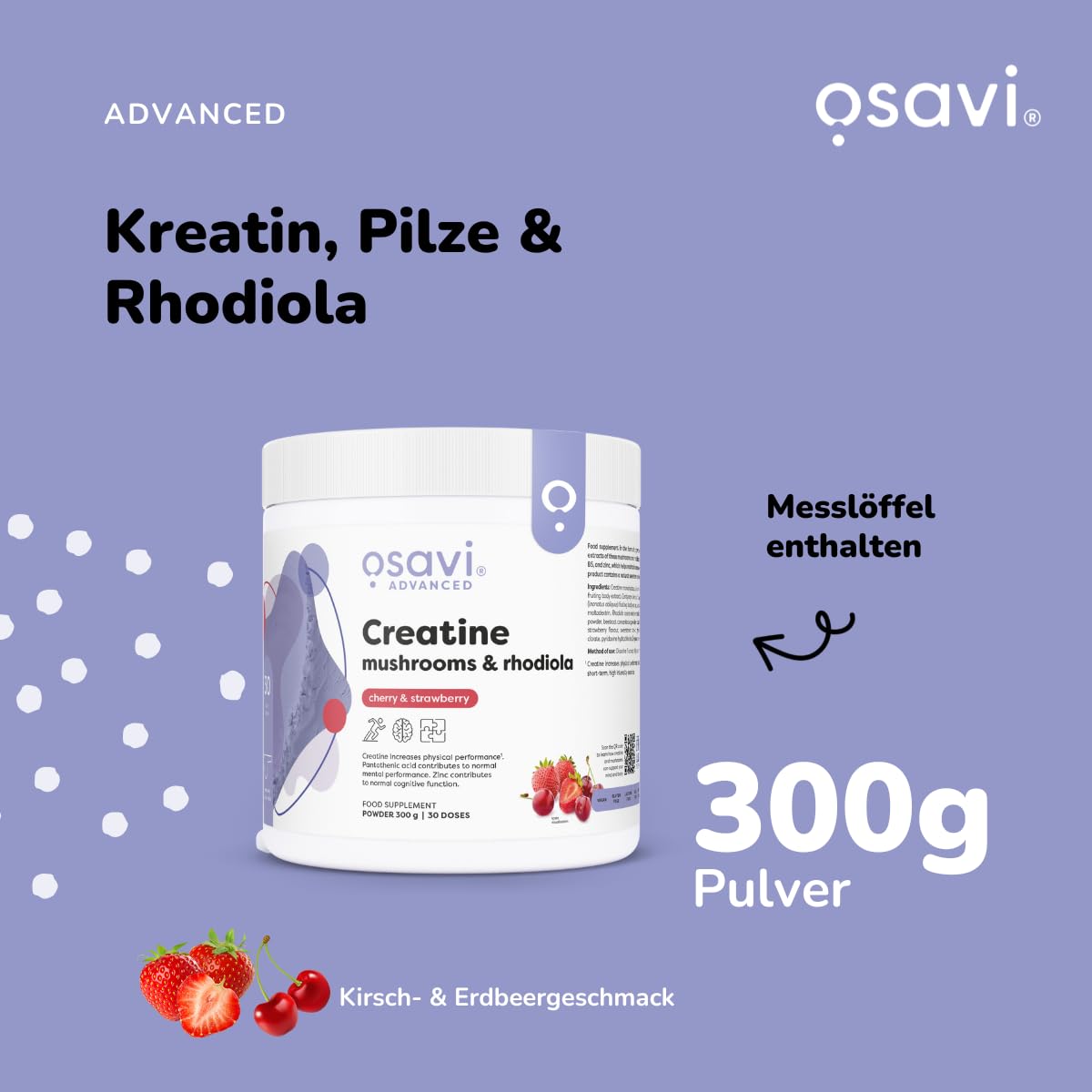 Osavi Kreatin + Pilze & Rhodiola – 300 g Pulver | Kirsche & Erdbeere | Mit Löwenmähne, Cordyceps & Chaga | Steigert die Leistung bei kurzen, intensiven Belastungen | Vitamin B6, B5 & Zink