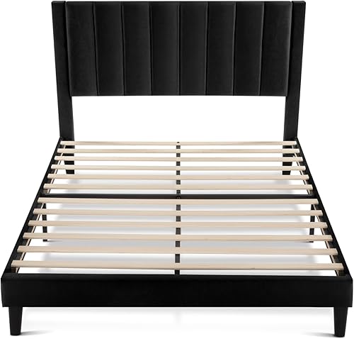 Miniatura 24 de HOOMIC Base de cama de plataforma de tamaño matrimonial con cabecera de canal vertical tapizada de terciopelo de felpa, no necesita somier, fácil