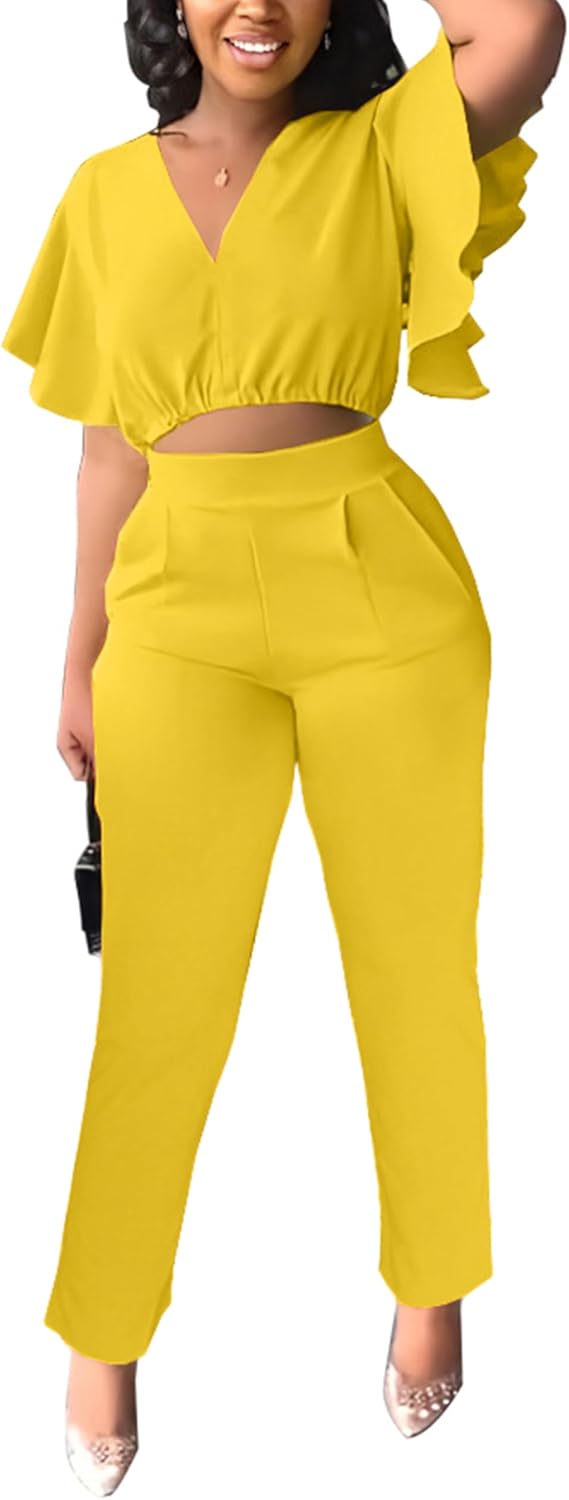 Fooullaide Womens Summer 2 Piece Outfit Set Crop Top Butterfly Sleeve Short Set Sexy Beach Vacation 2pc Sets