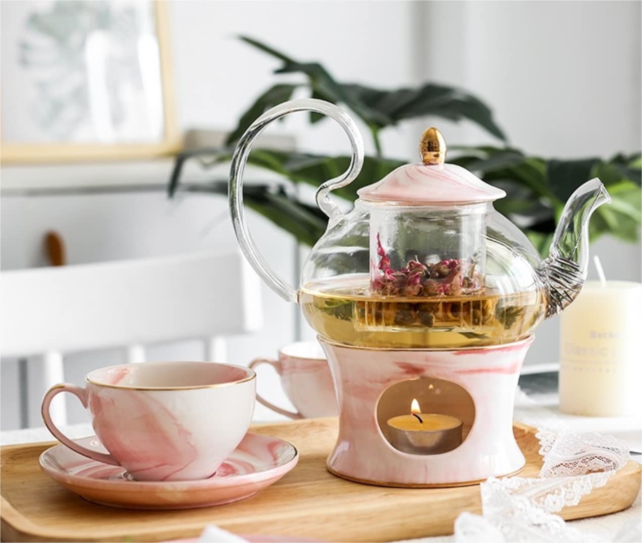 Serwis Do Kawy Na Przyjęcie Nordic Luksusowy Ceramiczny Zestaw Do Herbaty Podwieczorku Porcelanowa Świeca Ogrzewanie Szklany Czajniczek Kubki Spodek Uchwytów Na Popołudniowa(Pink)