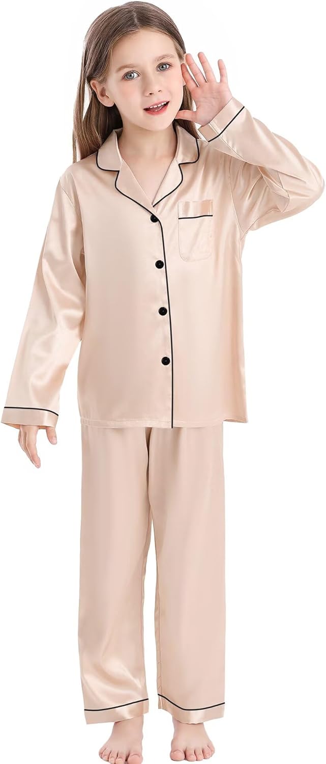 SWOMOG Kid Girls Boys Silk Satin Pajamas Set Button-Down PJs Sets Two-Piece Lounge Sets Long Sleeve Sleepwear