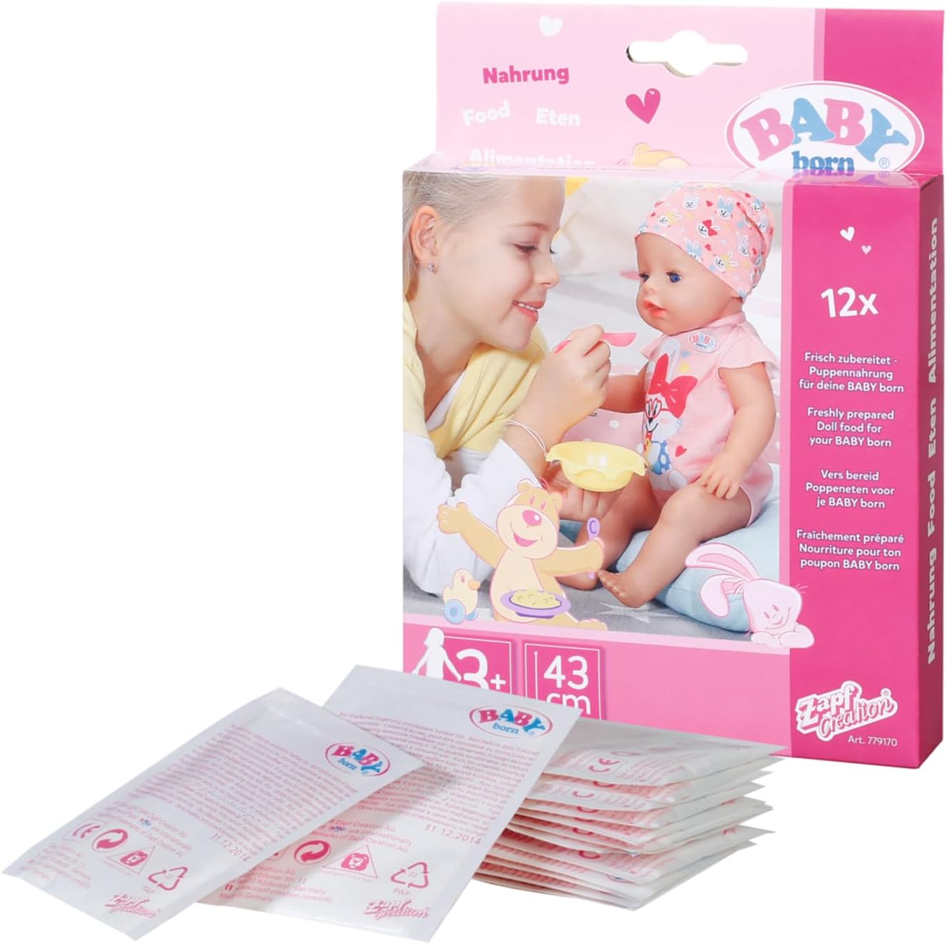 779170 Food Sachets for Doll - Easy for Small Hands, Creative Play Promotes Empathy and Social Skills, For Toddlers 3 Years and Up - Includes 12 Sachets, Pink