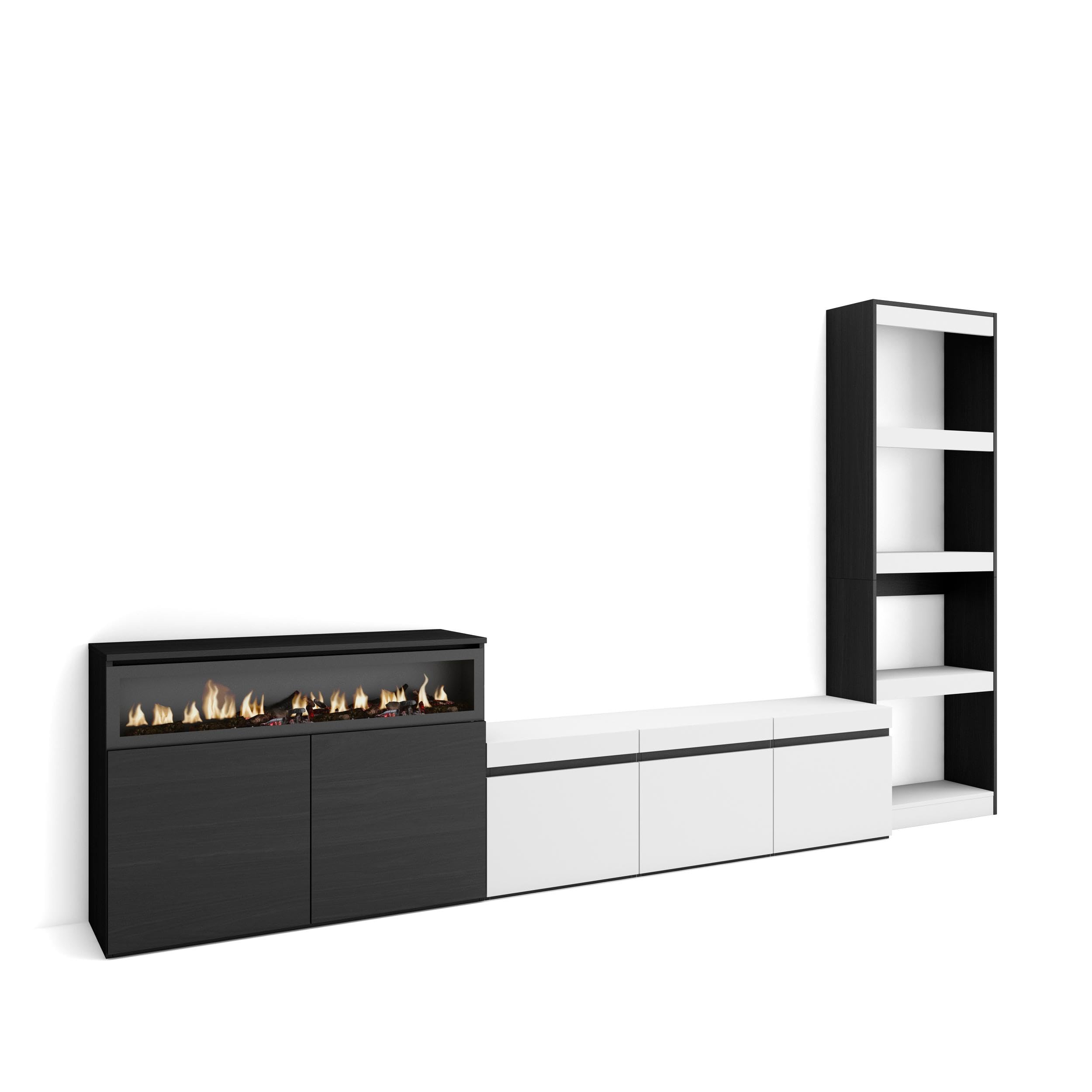 Skraut Home | Muebles de Salón para TV | Conjunto de Muebles Comedor | 310x186x35cm | para TV hasta 65" | Chimenea eléctrica | Estilo Moderno | Blanco y Negro