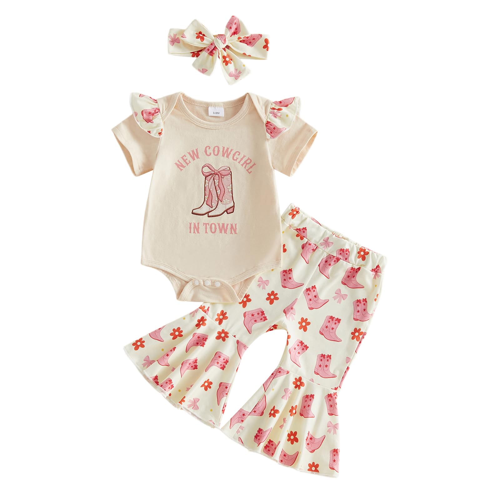 My First Rodeo Baby Girl Outfit Newborn Romper Pants Set | Infant Cowgirl Western Clothes Long Sleeve Romper Bell Bottom Pants 3Pcs Set 3-6 Months Khaki-cowgirls