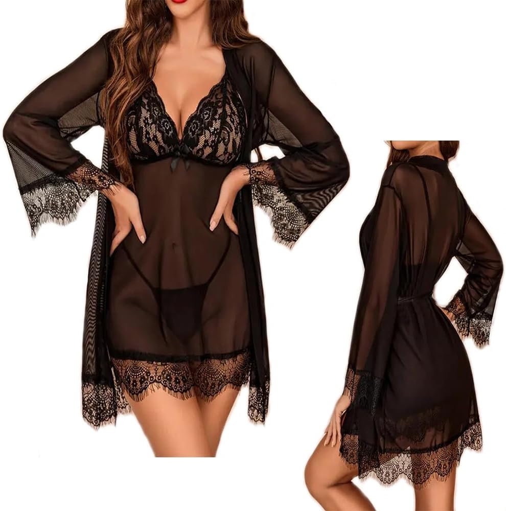 Women Sexy Lingerie Set 3 Piece Babydoll & Lace Chemise Sleepwear Robe Strap with Teddy Nightwear Bodysuit