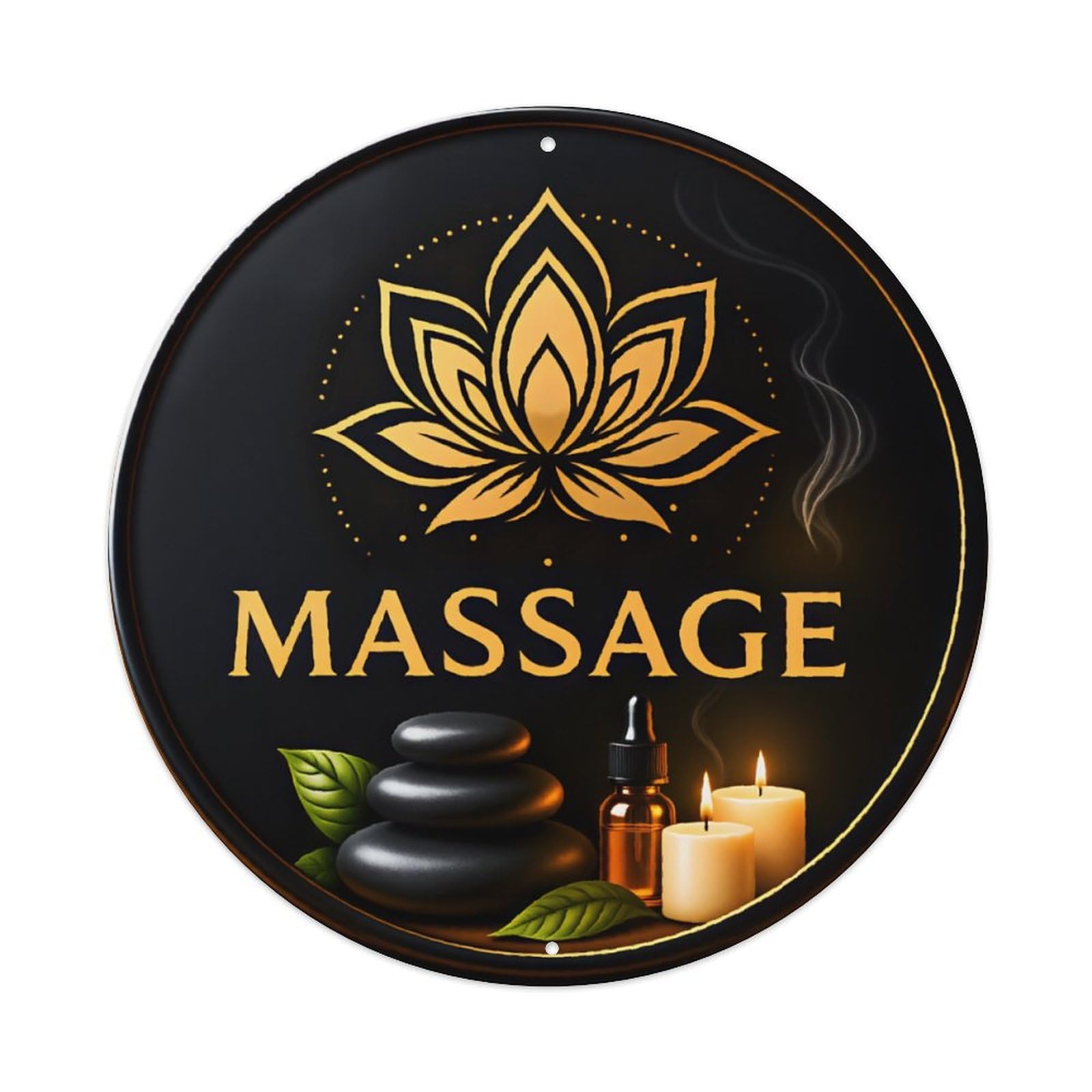 Ldfuieksufg Style Round Golden Lotus Massage Spa Wall Sign Beauty Salon Decor Vintage Aluminium Metal Sign, Retro Wall Decor For Home, Bar, Garage & Farmhouse 20X20cm