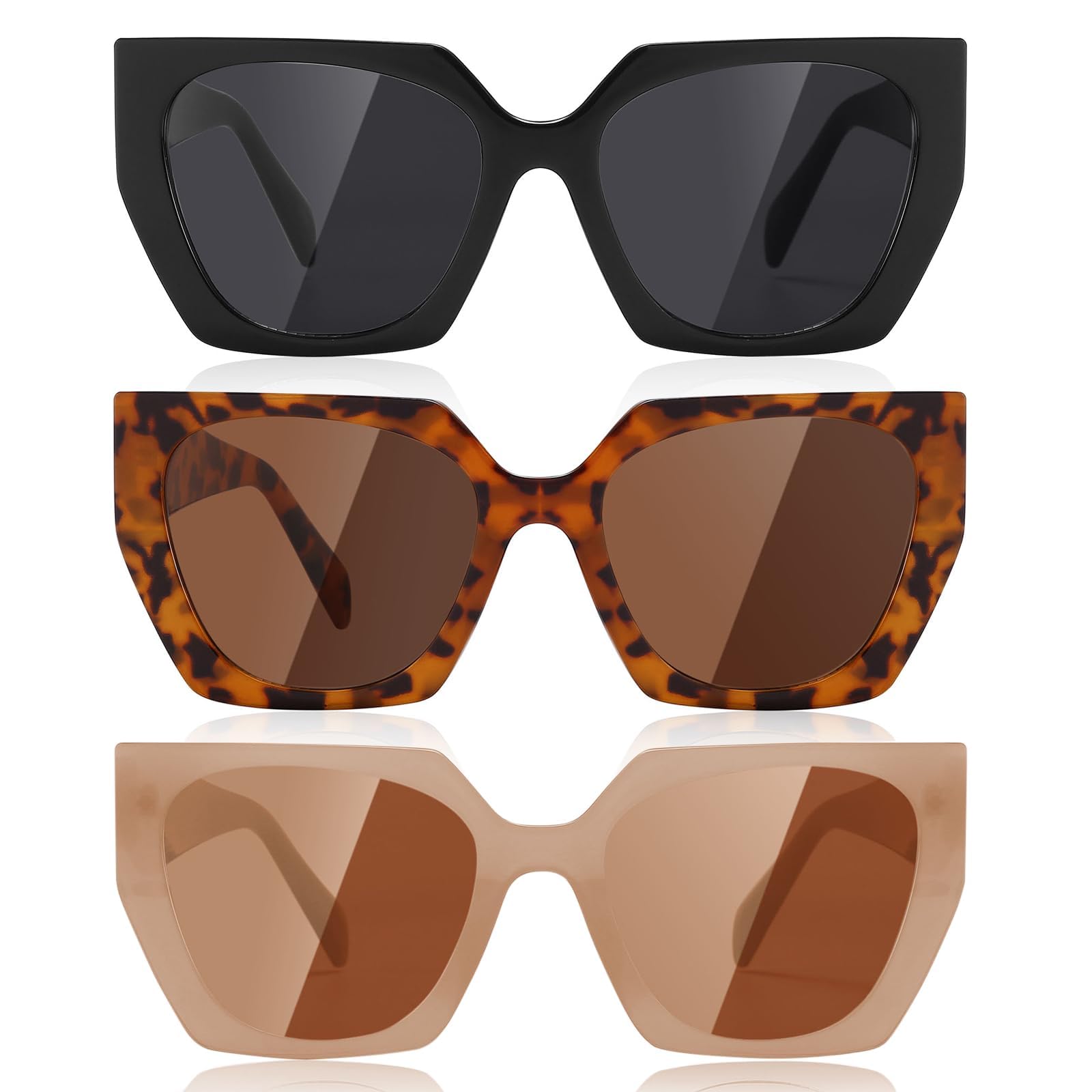 Square Cat Eye Sunglasses for Women, 70s 80s Fashion Big Shades, Cool Stylish UV400 Protection, Retro Designer Round Sunglasses (3 PCS)