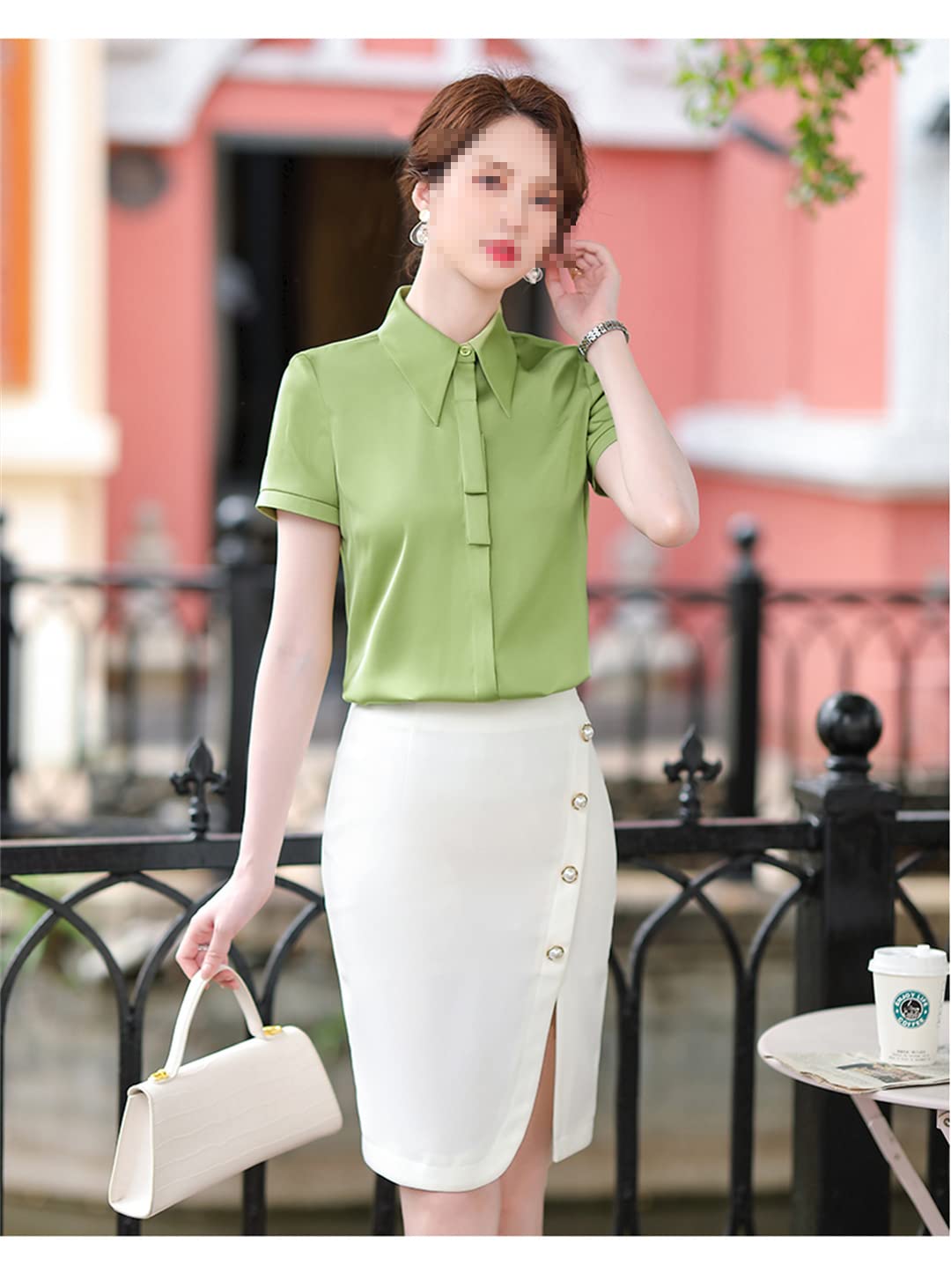 Camisa con Botones para Mujer Blusa de Negocios con Cuello en V de Manga Corta para el Trabajo Oficina Camisa de satén Formal de Verano