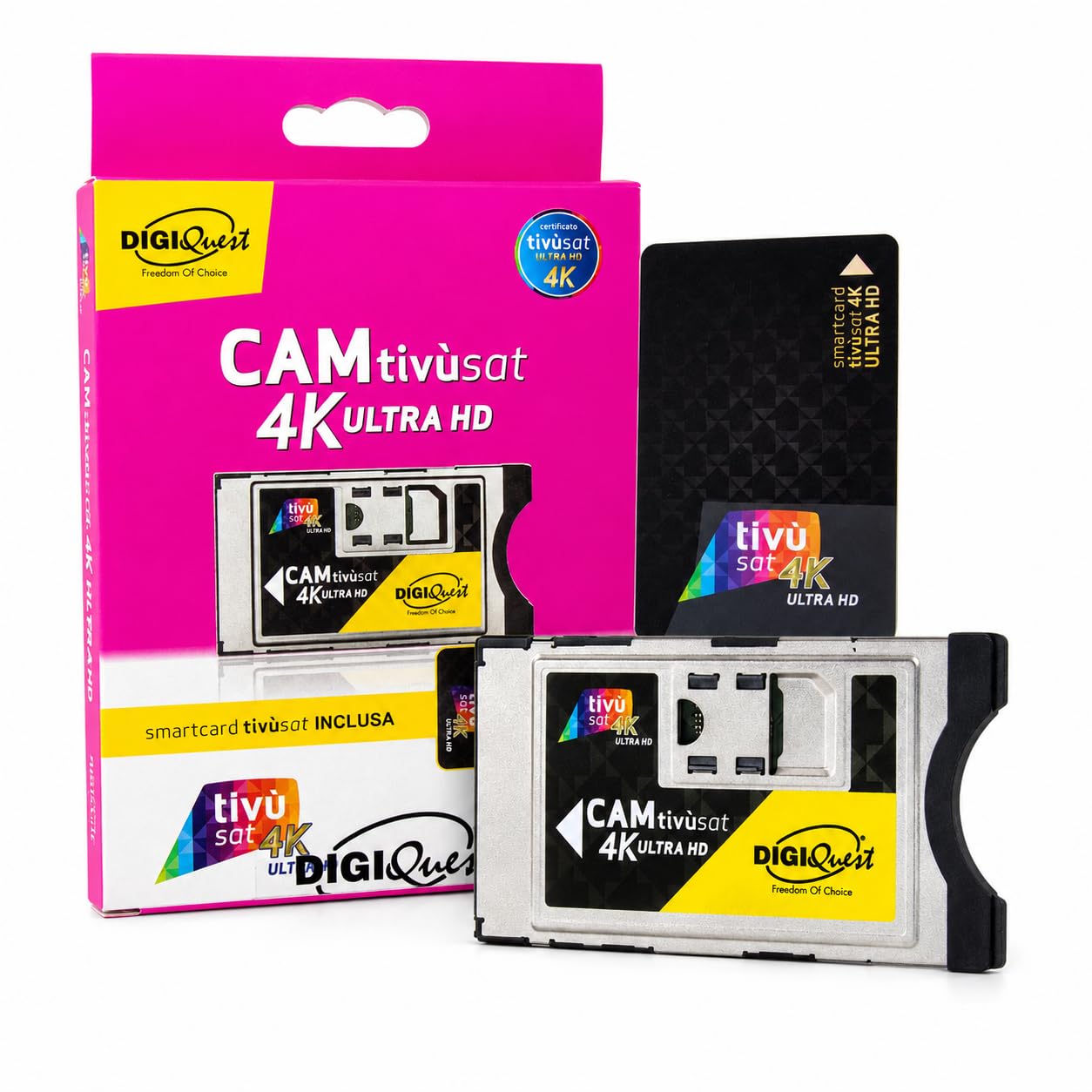CAM Modul Tivusat 4K + aktivierte Karte Smartcard CI+ Digiquest TVSAT Italia