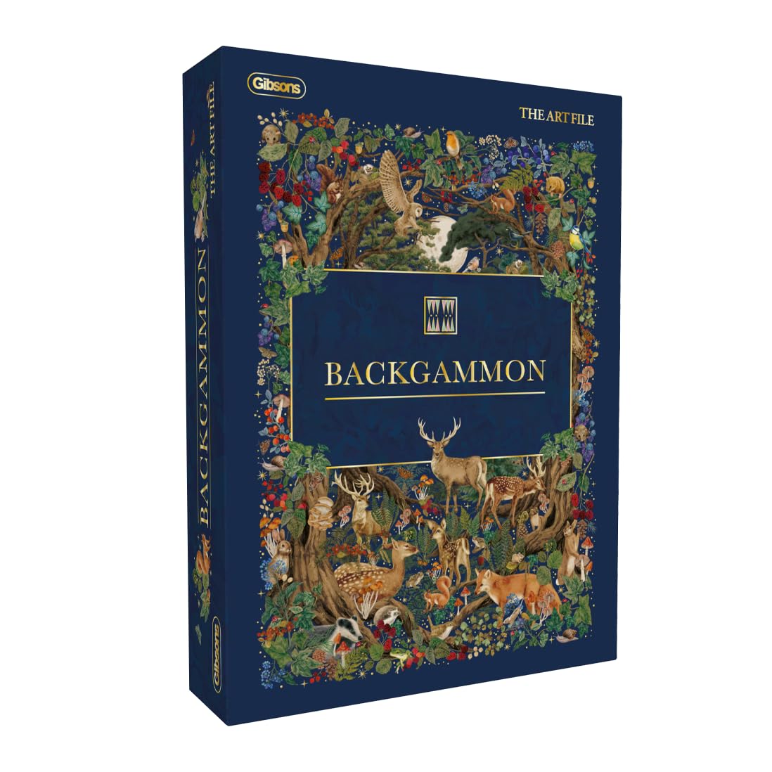 Gibsons The Art File Backgammon zestaw – luksusowa drewniana gra planszowa z motywem leśnym – dla 2 graczy, od 6 lat, klasyczna gra strategiczna z kostkami i warcabami, brytyjski prezent premium