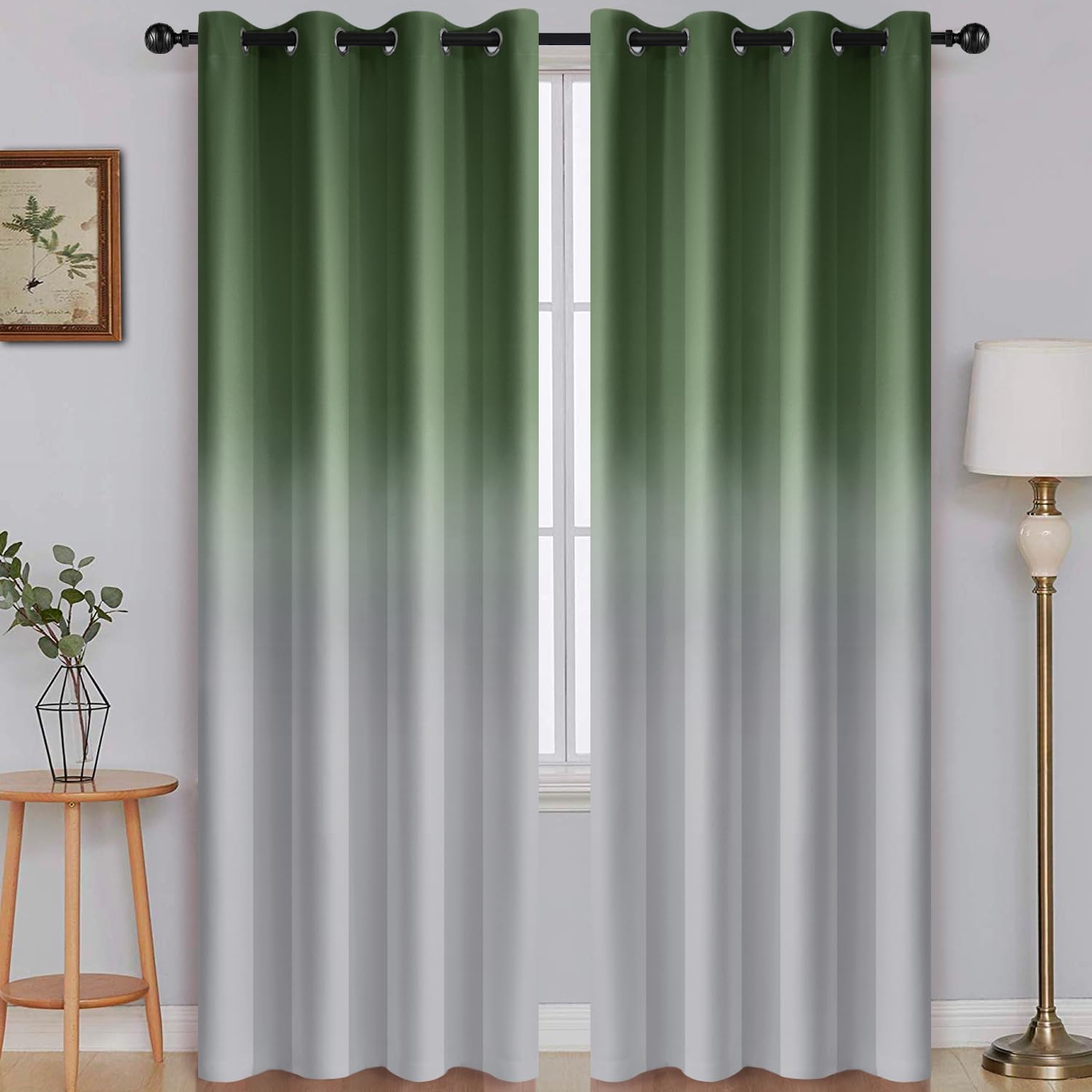 SimpleHome Ombre Room Darkening Curtains for Living Room, Light Blocking Sage Green to Grey White Thick Thermal Insulated Grommet Window Curtains Drapes for Bedroom, 2 Panels, 52x84 inches Length — image 1