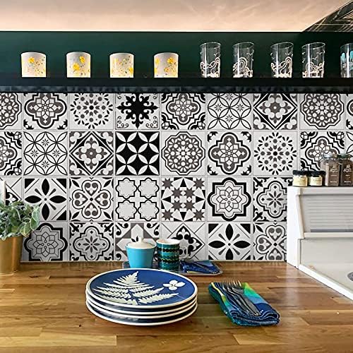 Timeet Thicken Glossy Backsplash Kitchen Contact Paper Tile Wallpaper Removable Self Adhesive Black White Peel and Stick Wallpaper for Bathroom Laundry Room 17.7"x78.7" Vinyl Film