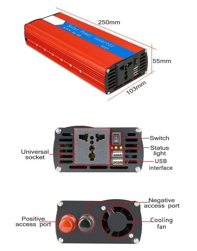 Adapter do ładowarki samochodowej z portem USB, konwerter sinusoidalny 3000 W (szczyt 6000 W), DC 12 V / 24 V do AC 110 V / 230 V przetwornica napięcia (12 V To110 V)
