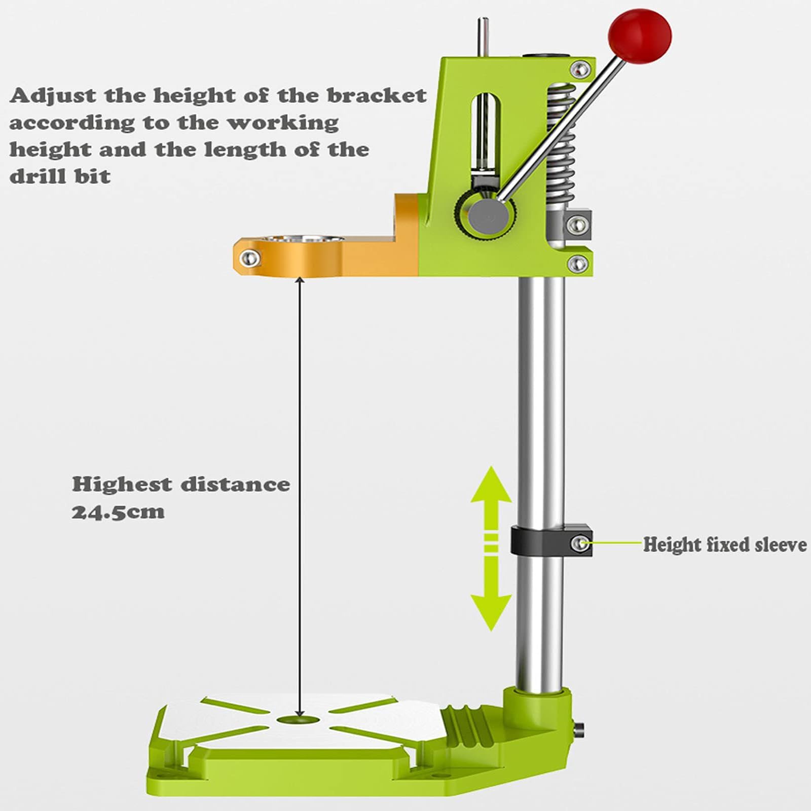 Supporto per trapano a colonna con manico a sfera regolabile a 90° e stabilizzatore a molla ad alta durezza per operazioni di foratura e trapano manuale di precisione