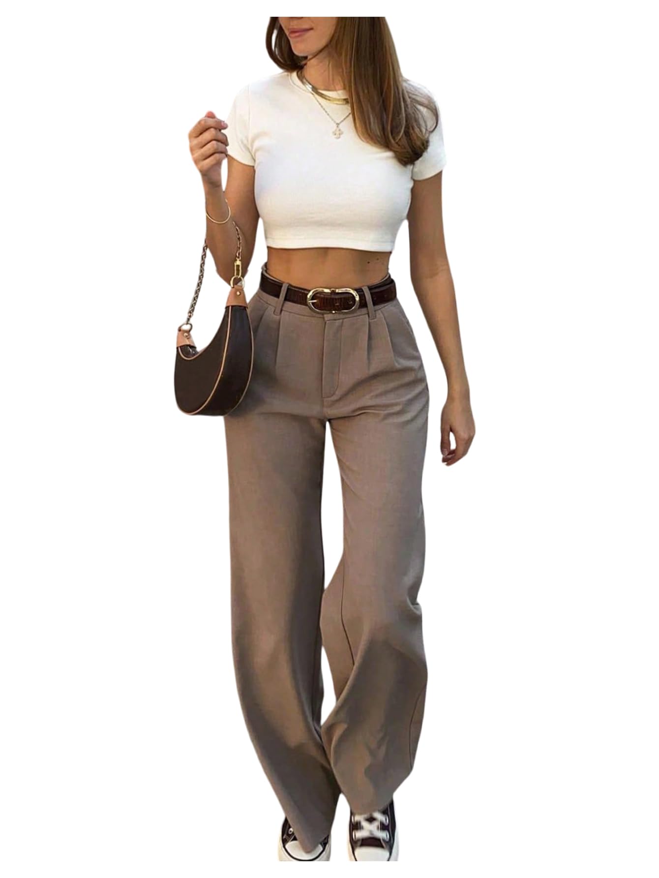GORGLITTER Womens Pleated High Waisted Trousers Dress Pants Dressy Wide Leg Straight Business Casual Work Slacks Pants