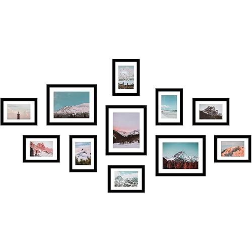 WOOD MEETS COLOR Wall Photo Frames, Including White Picture Mats and Installation Instruction, Set of 11 Collage Frames, 3-8x10 Inches, 8-5x7 Inches (Black)