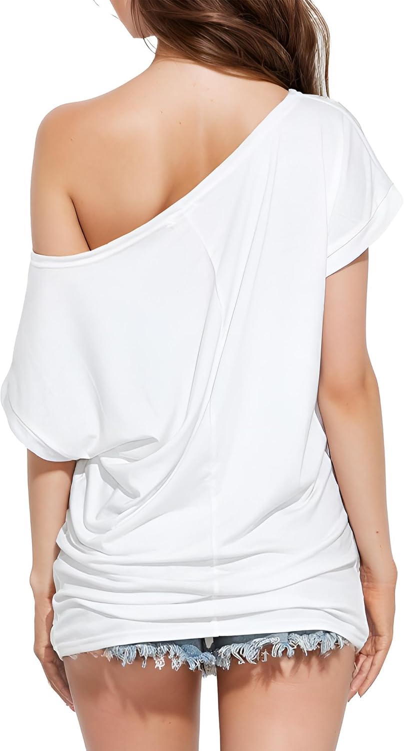 Off The Shoulder for Women Short Sleeve Shirts Oversized Tshirts Date Night Flowy Boat Neck Tops - Image 5