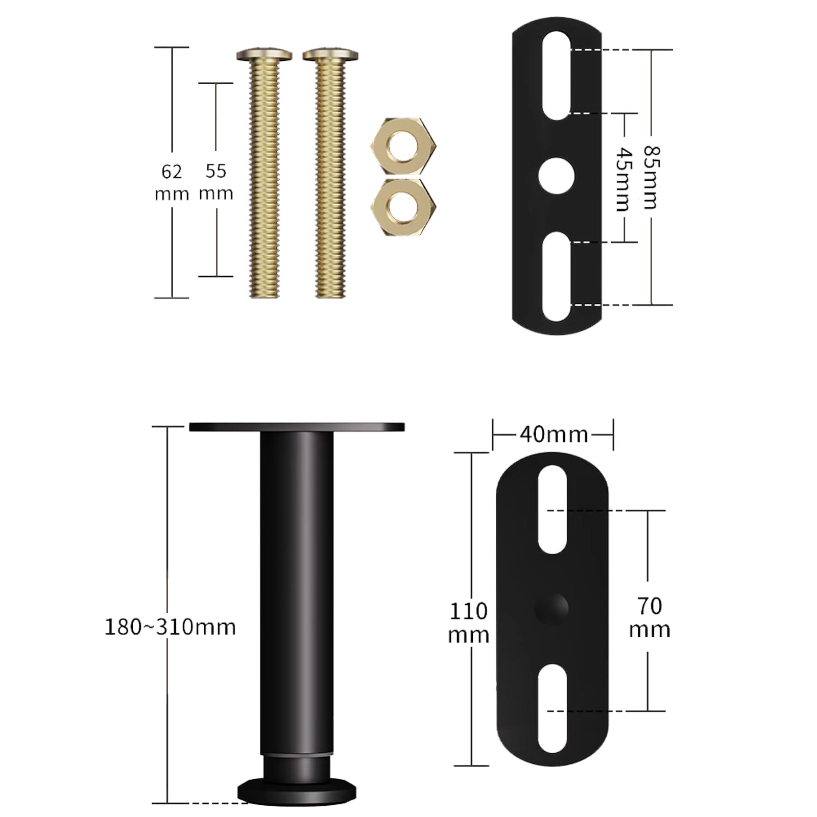 4 Patas de Soporte de Cama de Altura Ajustable Repuesto con Pestañas de Unión Listones Centrales Muebles Patas de Soporte de Láminas de Metal Resistente (180mm-310mm)