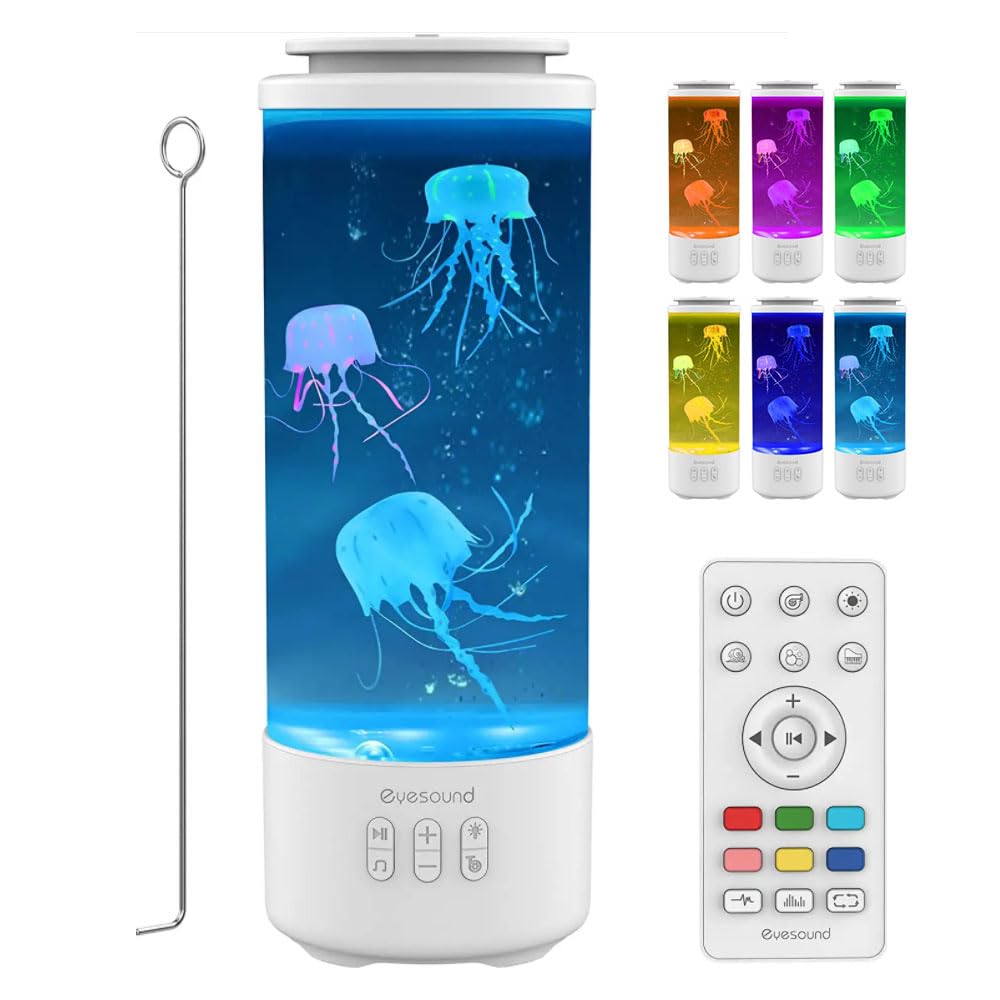 Lampa z meduzami, do akwarium, 7 zmian kolorów, 4 tryby świecenia, lampa lawowa, meduzy, głośnik Bluetooth, z pilotem zdalnego sterowania, dekoracja domu (biała)