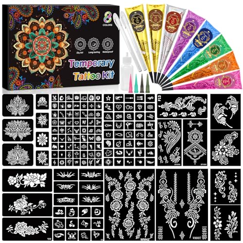 8PCS 8 Colors Tattoo Inks Temporary Tattoos Kit 2 Draft Practice Pen with 14 Sheet 135 Stencil Designs DIY Body Painting Art for Beginners & Pros Tattoo Gifts Set for Valentine Party Holiday