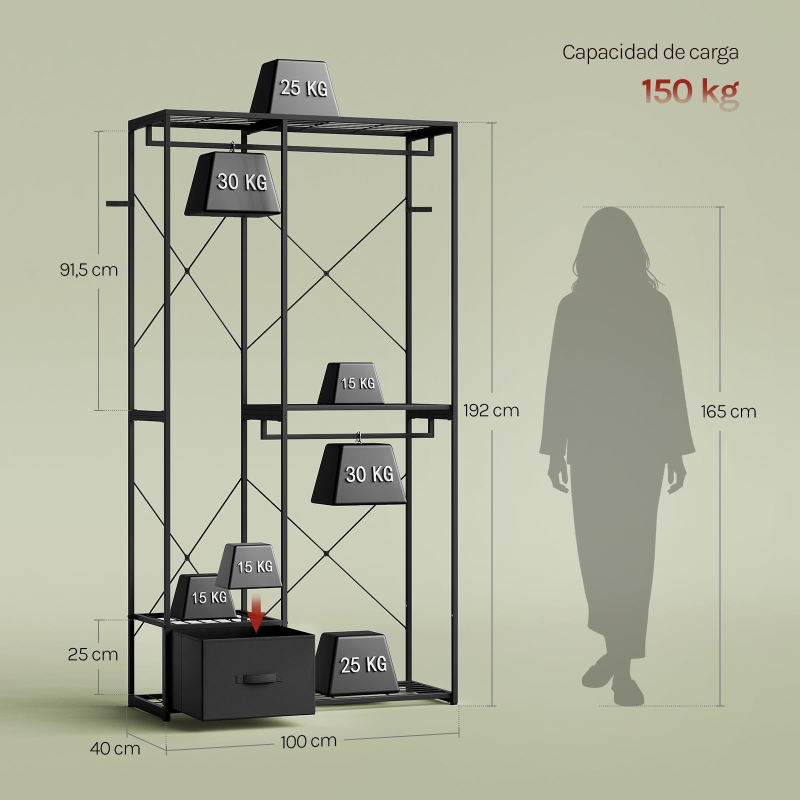 WOLTU Burro Ropa con Estructura de Metal, Armario Abierto con 2 Barras, 3 Estantes y 1 Cajón de Tela, Resistente, Carga de 150 kg, 100x40x192 cm, para Dormitorio y Vestidor, Negro