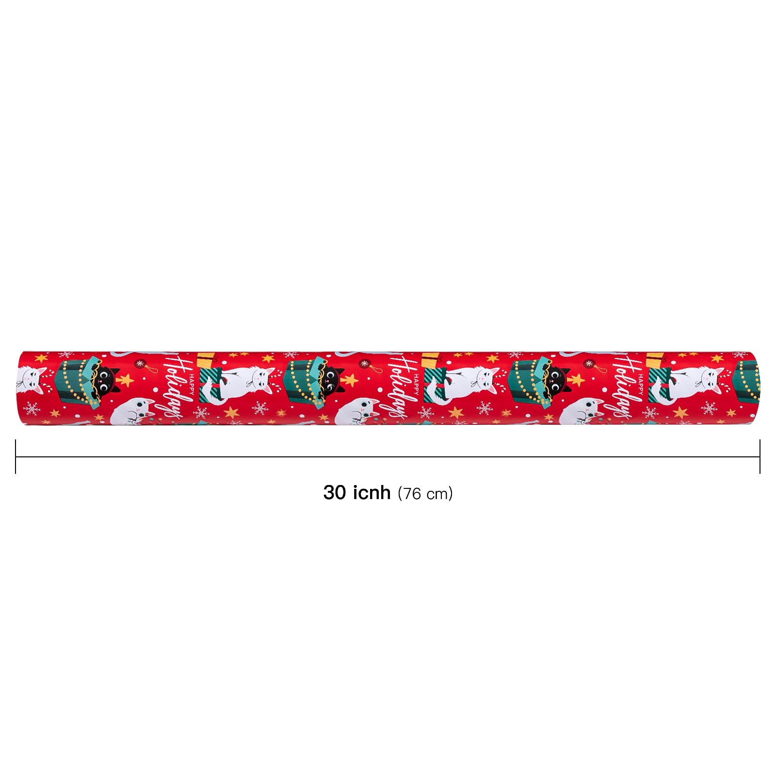 WRAPAHOLIC Papel de regalo reversible de Navidad, 30 pulgadas x 100 pies, rollo jumbo, diseño de gatos y rayas de Navidad rojo