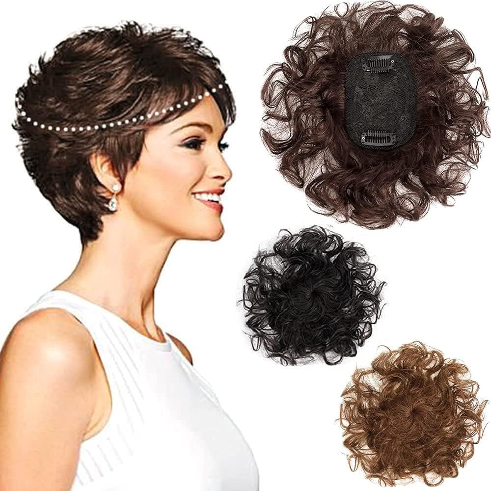 ICRAB 7x10cm Small Area Short Curly Human Hair Topper Fluffy Curly Hair Topper Clip in Toupee Top Hairpieces Hair Replacement Wiglets Wavy Hair Pieces for Women Dark Brown