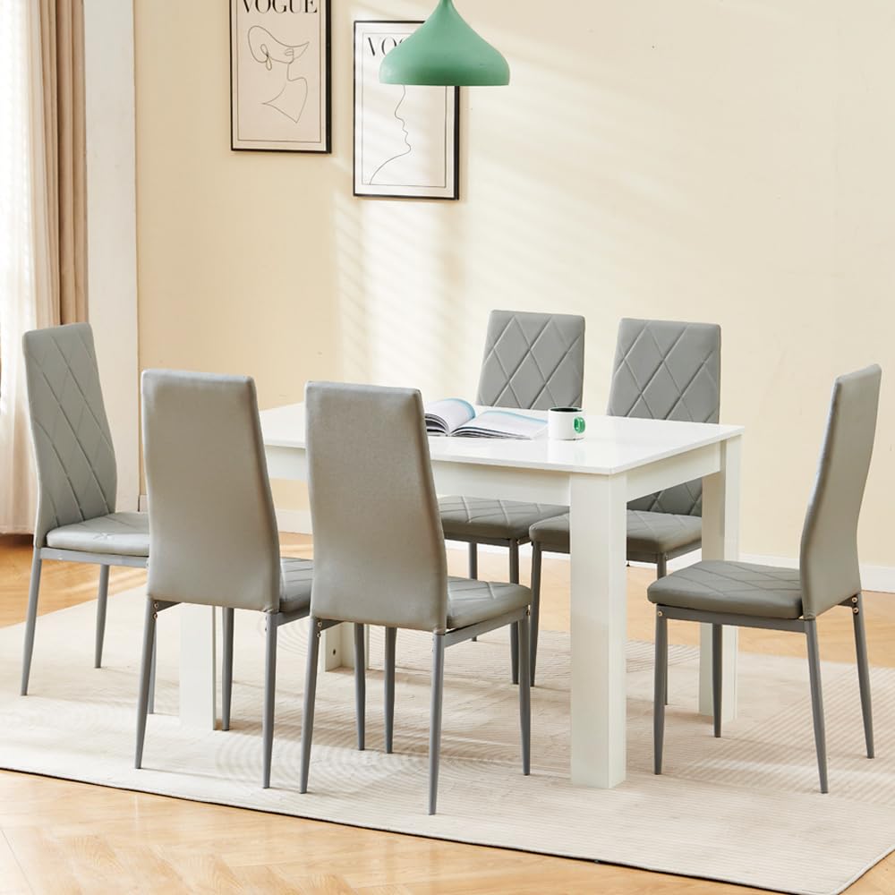 Homullel 7 Piece Dining Room Table and Chairs Set for Dining Room, Modern 120cm White High Gloss Dining Table with 6 Grey Leather Chairs for Family Dinner Set Space Saving