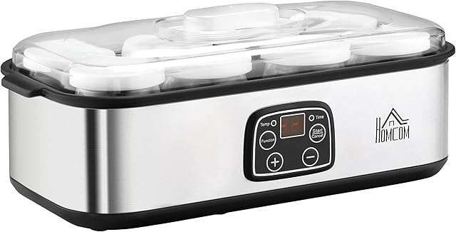 HOMCOM Yoghurt Maker with 8 180ml Glass Jars, Stainless Steel Yogurt Machine with Timer, Adjustable Thermostat and LCD Display for Healthy Homemade Desserts