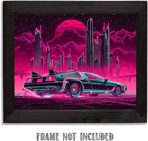 Miniatura 5 de Regreso al presente - Impresión Cyberpunk DeLorean de 11 x 14 sin marco, póster retro futurista de ciudad de neón, arte futurista para viajar en el