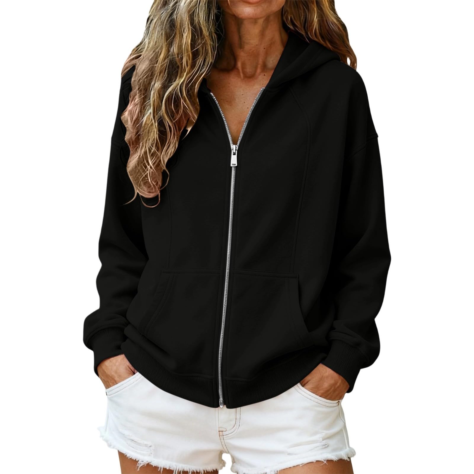 Giacca sportiva da donna oversize con cappuccio, a maniche lunghe, tinta