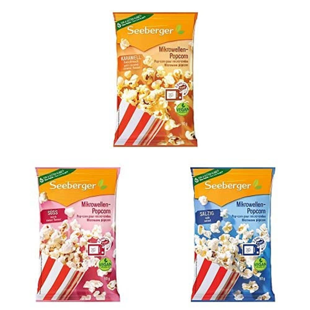 Seeberger Mikrowellen-Popcorn karamell mit Sonnenblumenöl 24x90g + Seeberger Mikrowellen-Popcorn süß mit Sonnenblumenöl 24x90g +Seeberger Mikrowellen-Popcorn salzig mit Sonnenblumenöl 24x90g