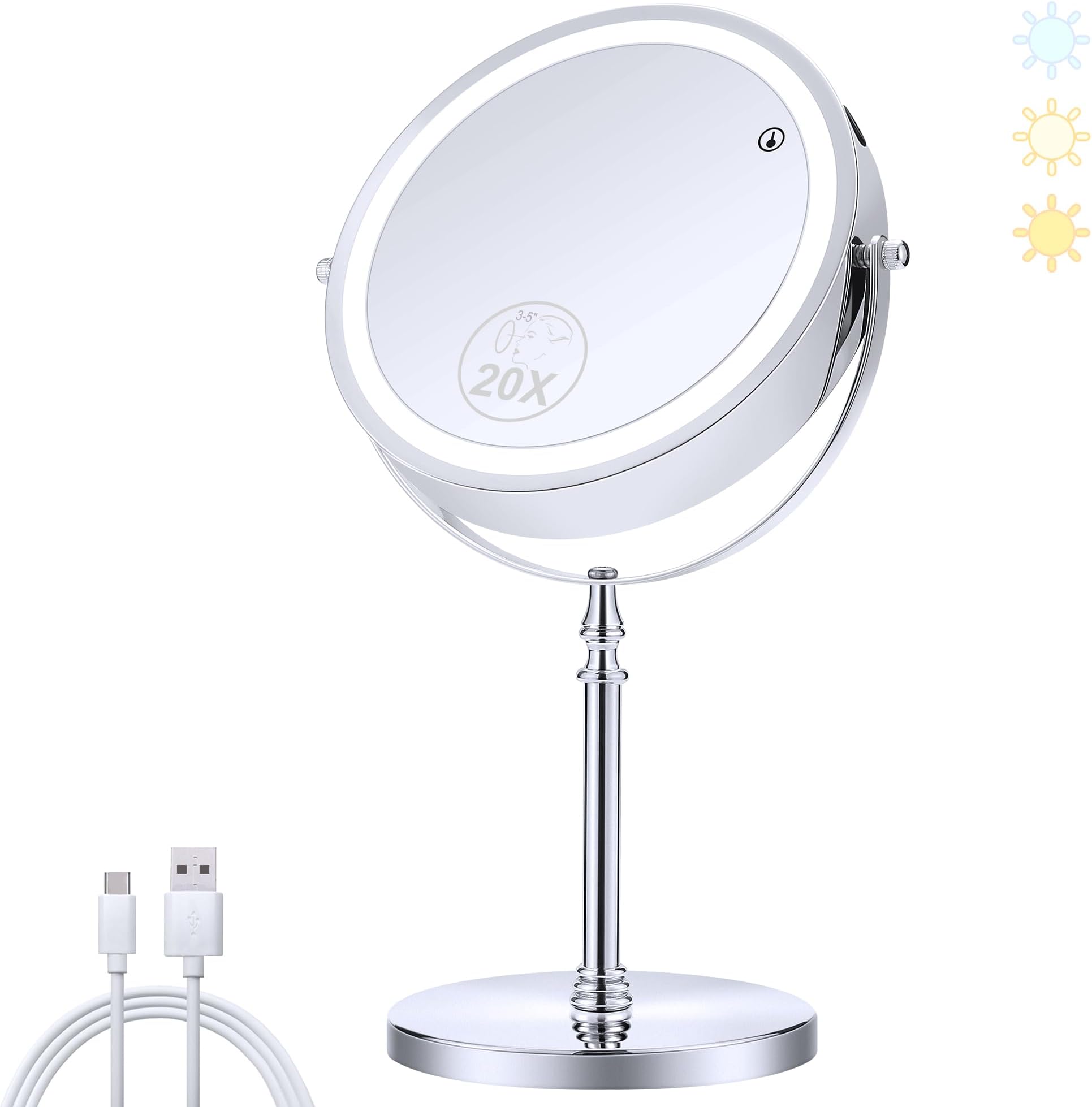 MIYADIVA Lighted Makeup Mirror, 20X Magnifying Mirror with Light, Double Sided Makeup Mirror with 20X/1X Magnification, 360°Rotation, 3 Colors Brightness Adjustable Vanity Mirror with 42 LEDs, 2000mAh