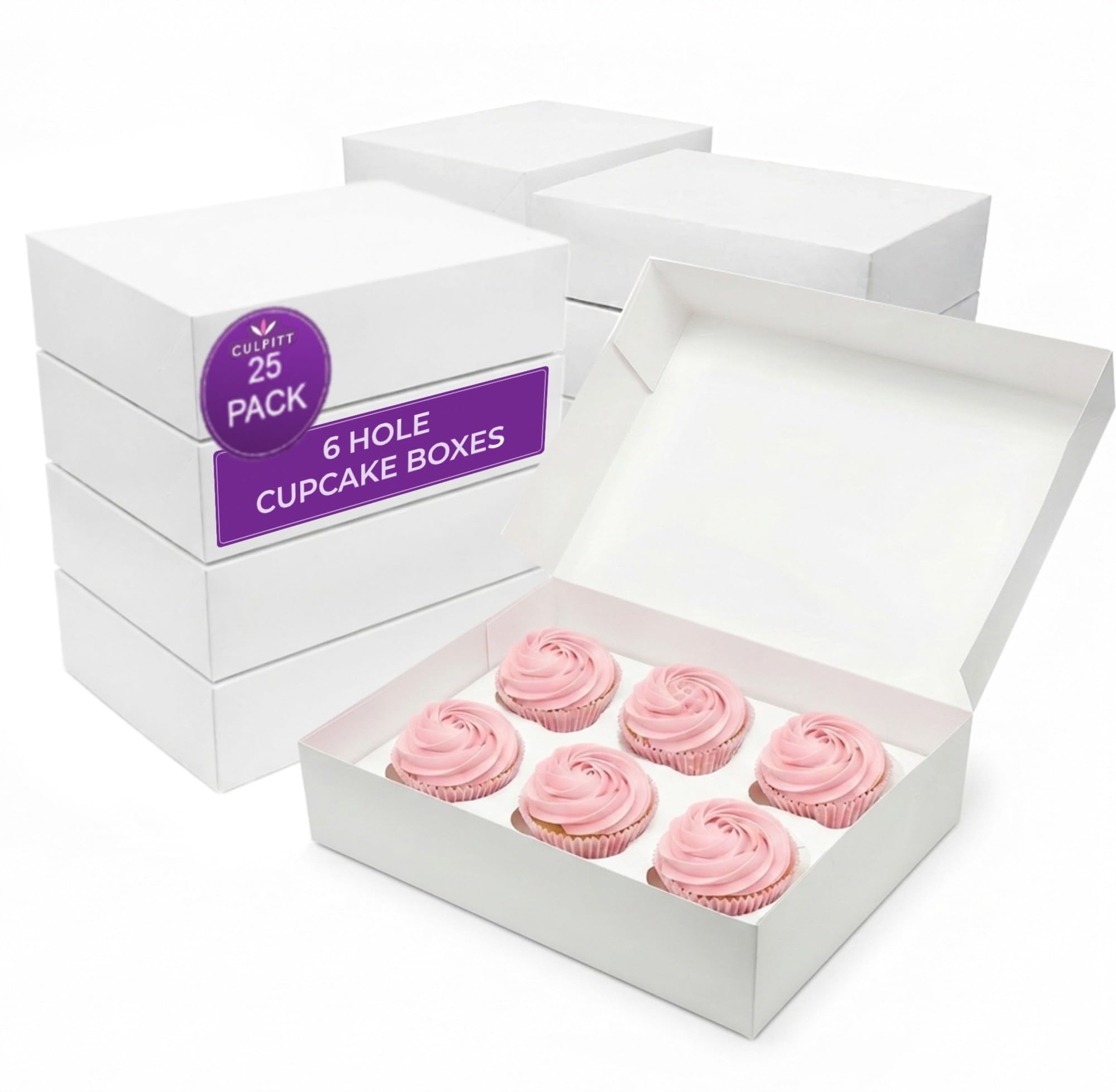 Culpitt 6 Hole Cupcake Boxes | 25 Pack | Food Safe, White
