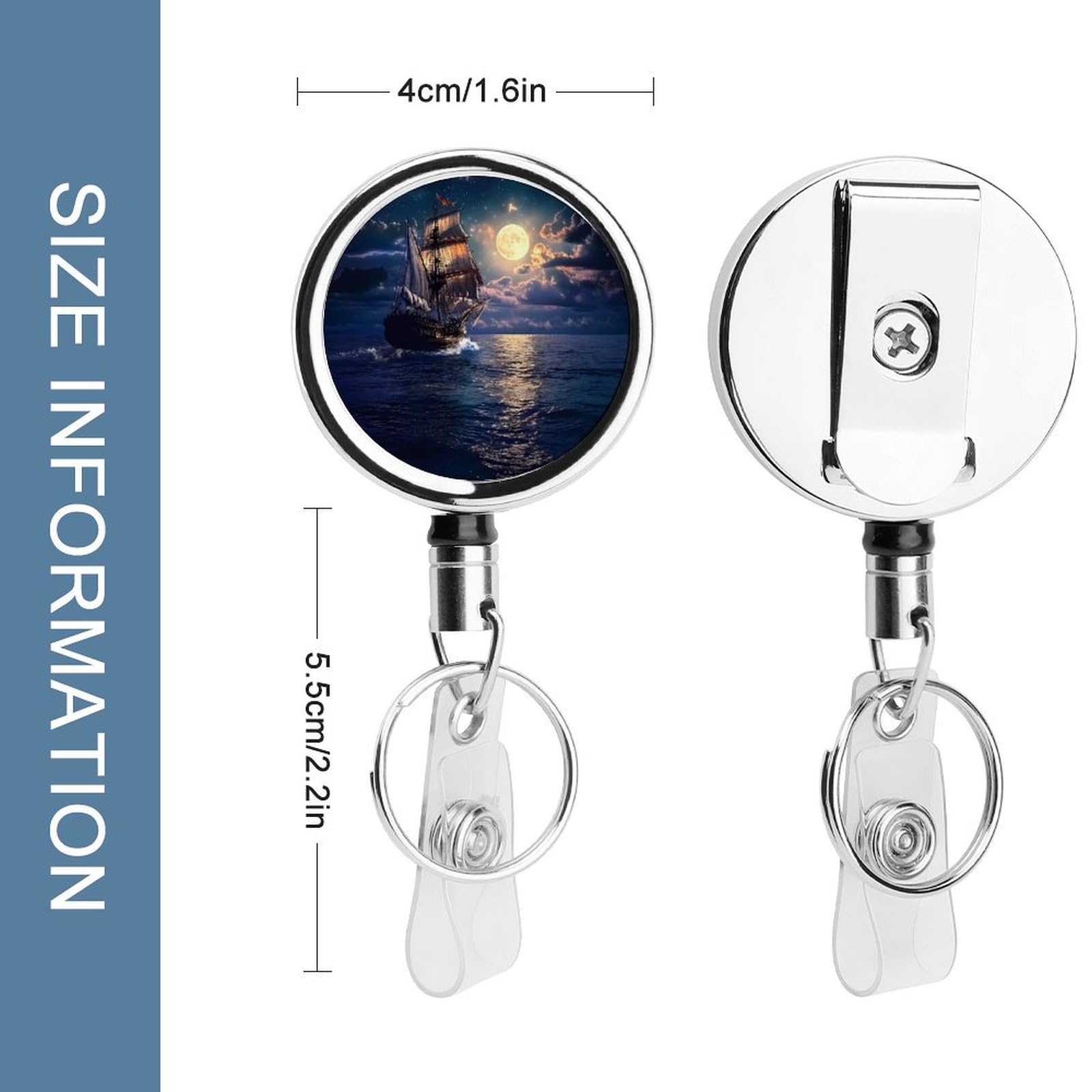 Boat Seascape and Moon in The Sky Retractable Badge Holder Metal ID Name Holder Key Ring with Belt Clip