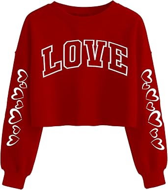 Valentines Shirts for Women Love Heart Graphic Long Sleeve Crop Tops Cropped Valentine Sweatshirt for Teen Girls