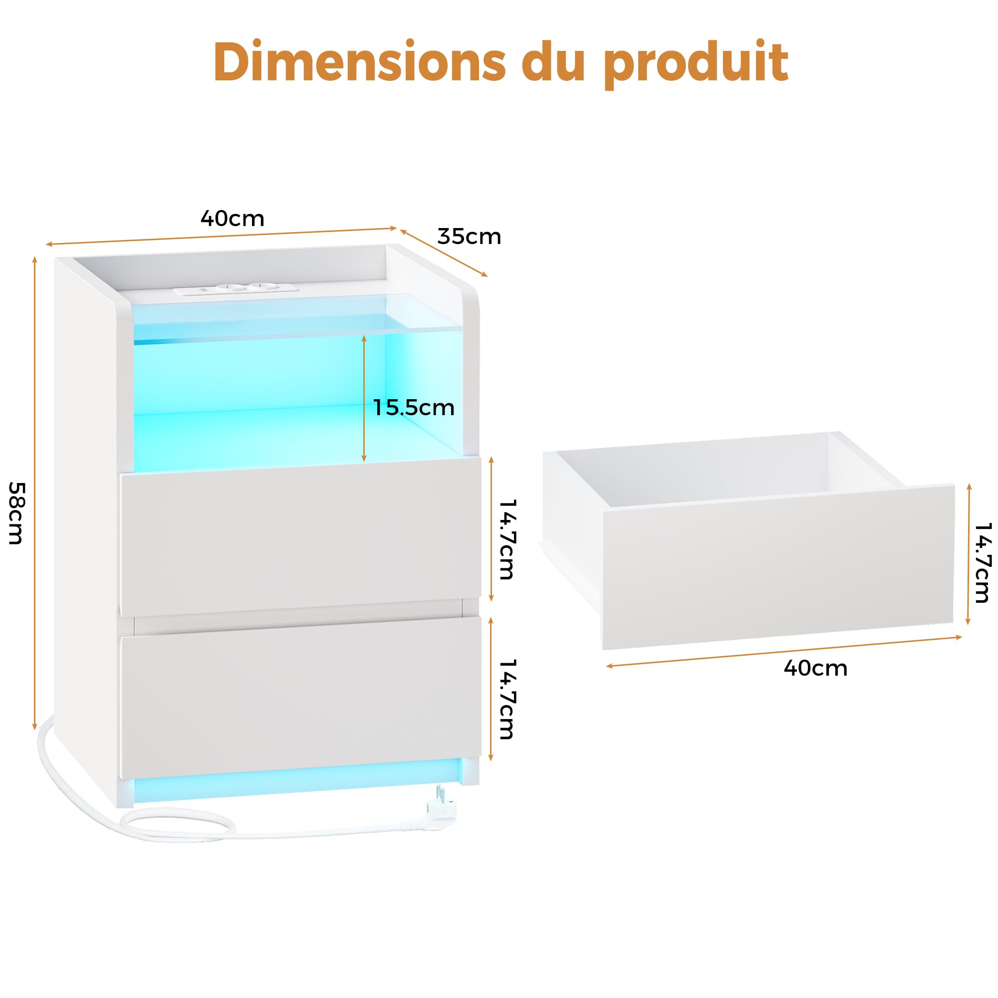 ANWBROAD Table de Chevet Lot de 2 avec Multiprise, Éclairage LED, 2 Tiroirs | Table de Nuit avec 1 Compartiment Ouvert, Tables d’Appoint avec Ports USB et 2 Prises CA, pour Salon,Chambre, Blanc BNS001W