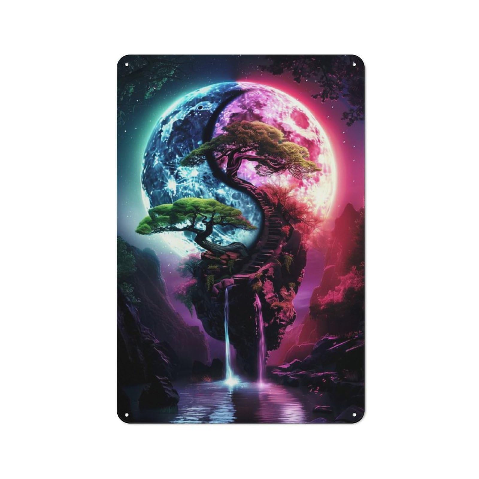 Junmoney Yin Yang Bonsai Tree Moonlight Rustic Tin Sign 30X20cm For Lounge Or Reading Corner, For Metal Sign Collectors, For Cafés, Pubs And Restaurants