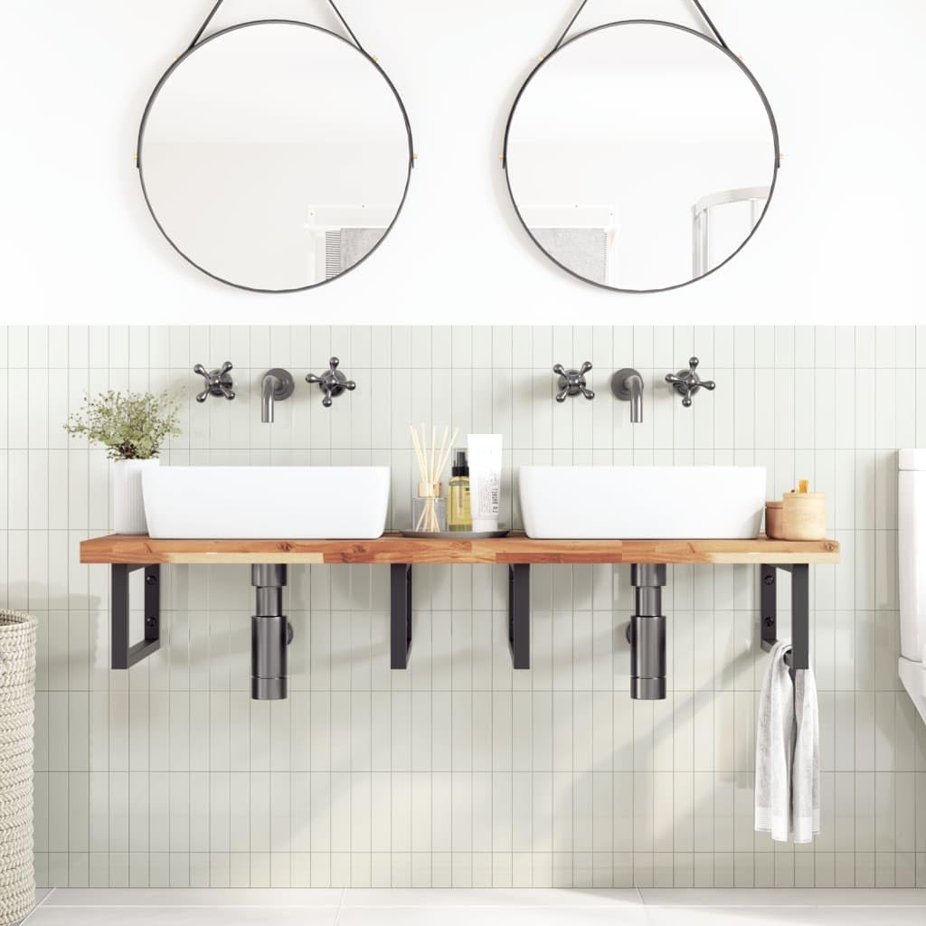 Scaffale per lavabo da parete, in legno di acacia massiccio e acciaio, 120 x 50 x 4 cm, nero, robusto scaffale da bagno per lavabo e asciugamani, mobile da bagno salvaspazio