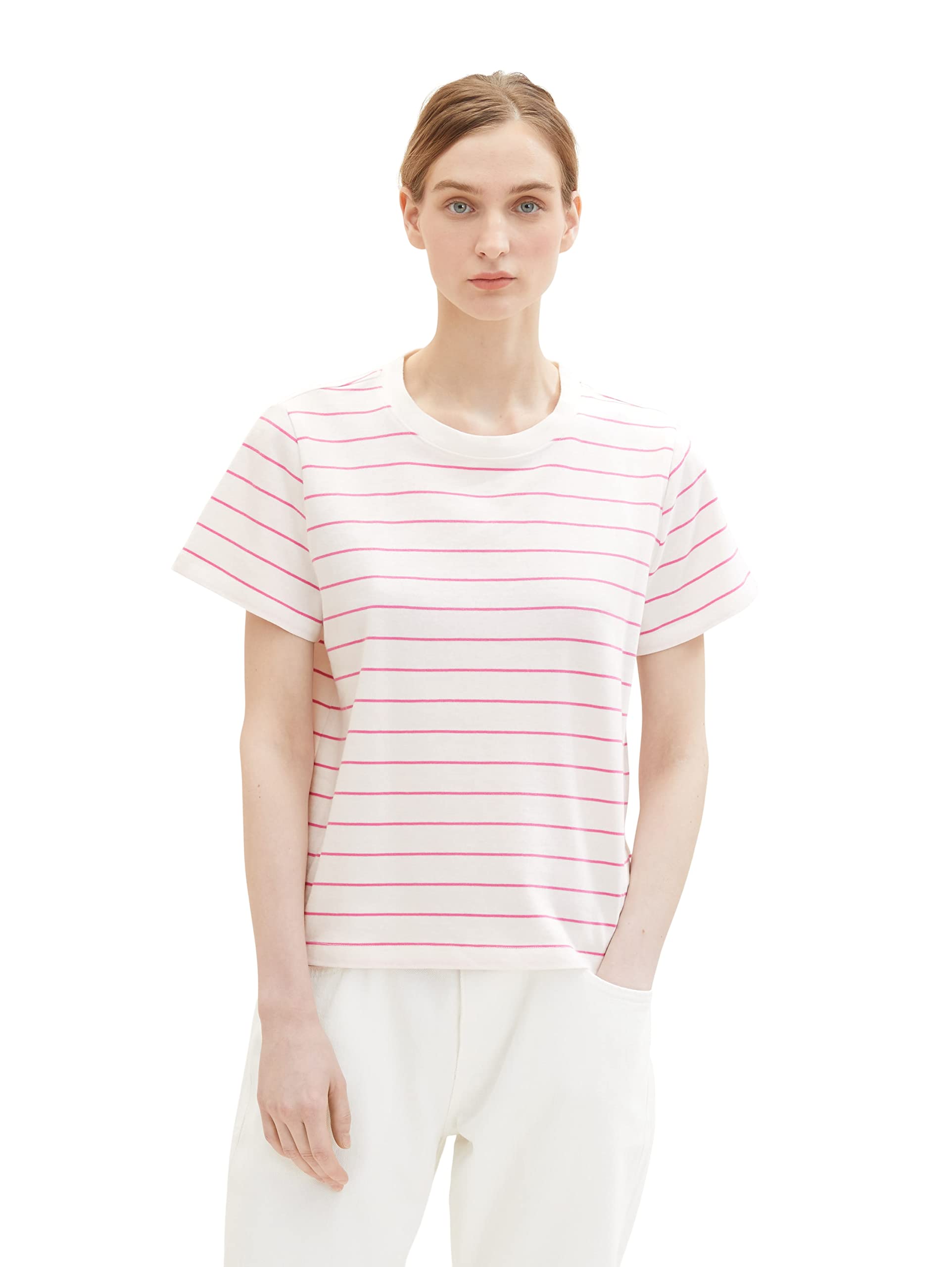 TOM TAILOR Women's Striped T-Shirt, 31726 - Offwhite Pink Stripe, M