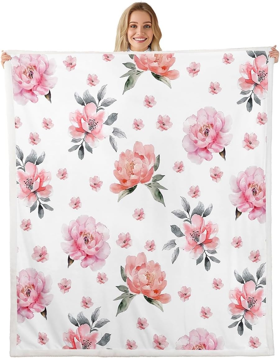 Erosebridal Watercolor Pink Floral Fleece Throw Blanket Twin 60"X80" - Ultra-Soft for Couch Sofa Bed,Elegant Flower Sherpa Blanket,Pink Peony Flowers Fuzzy Plush Throw,Garden Wildlife Room Decor