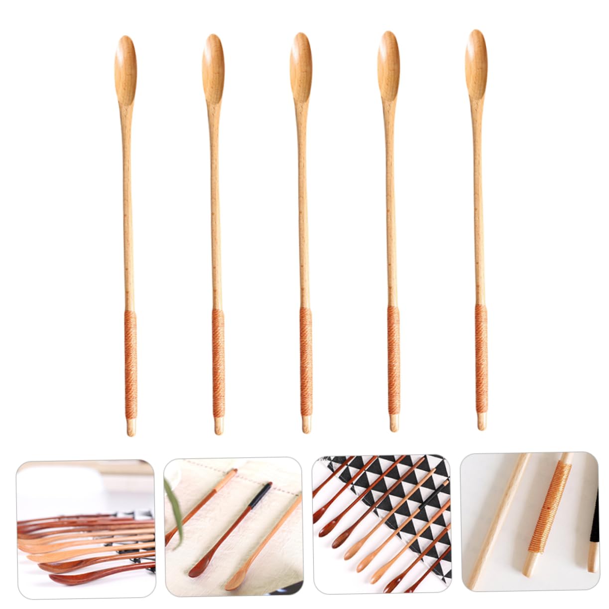 OKUMEYR Long Handle Coffee Honey Spoons 5pc Wooden Stirring Spoons for Tea Jam Syrup