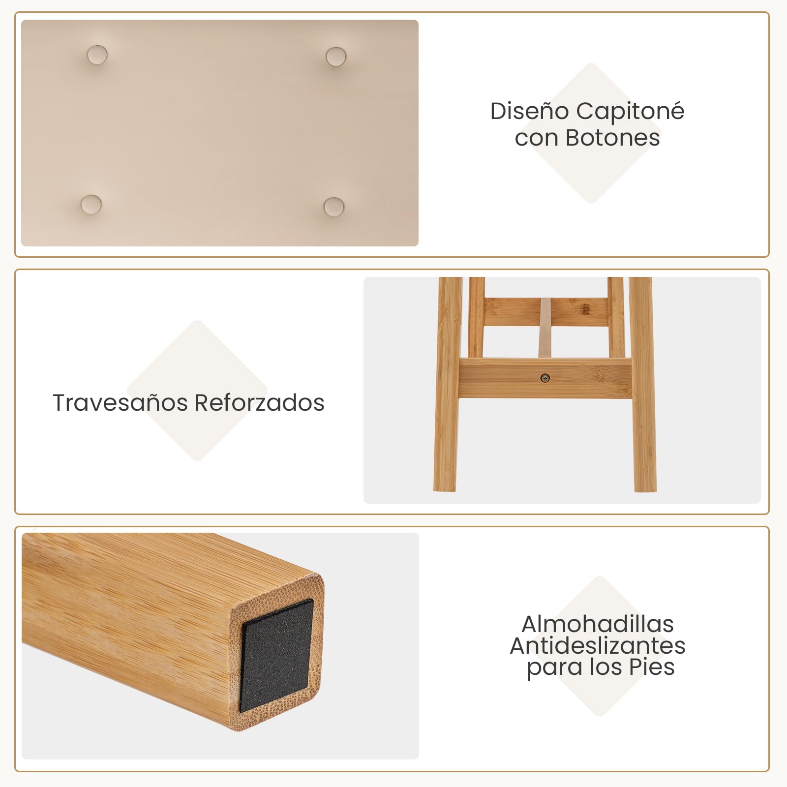 COSTWAY Banco Tapizado de 100 cm, Taburete de Bambú para pie de Cama con Botones y Asiento Acolchado, Cuero Artificial y Relleno de Esponja, Taburete para Zapatos, Banco para Cocina, Entrada, Pasillo