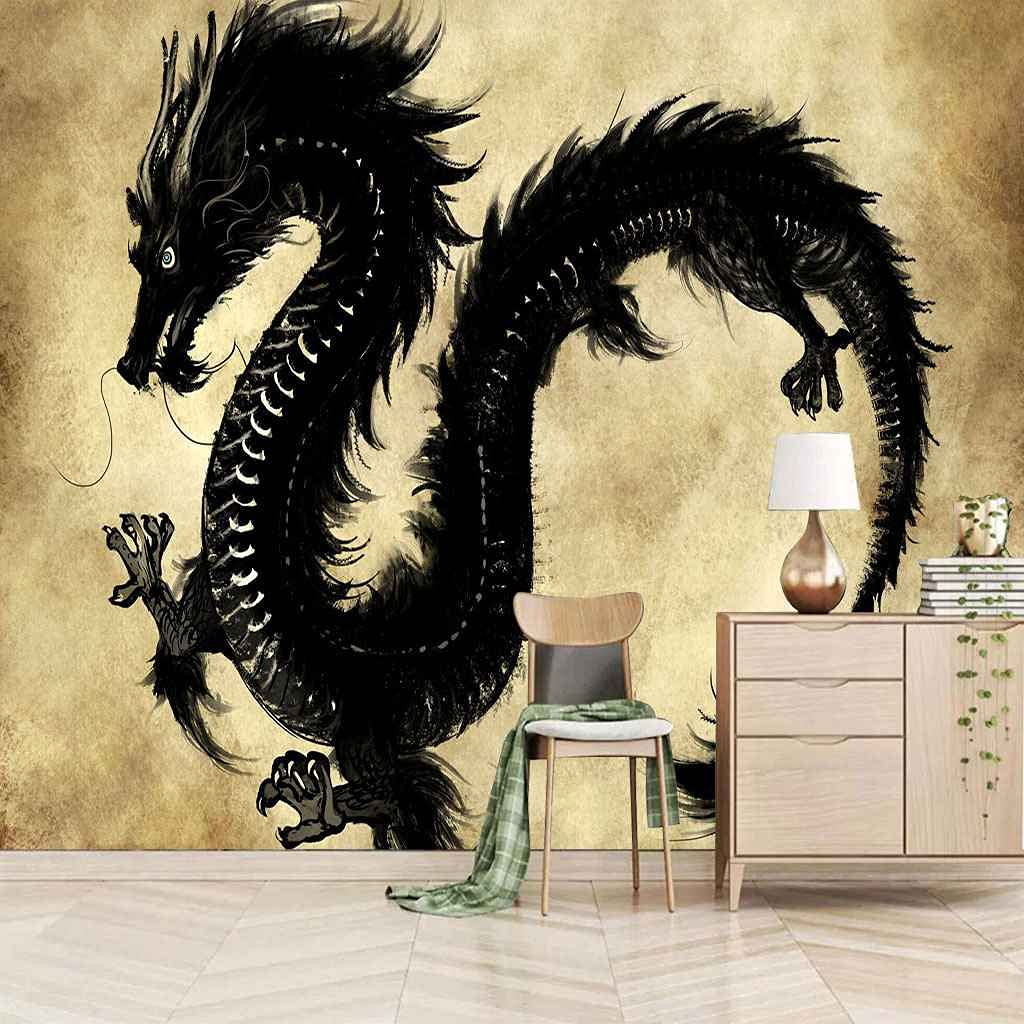 Poster mural dragon noir papier peint auto-adhésif 300x210 cm