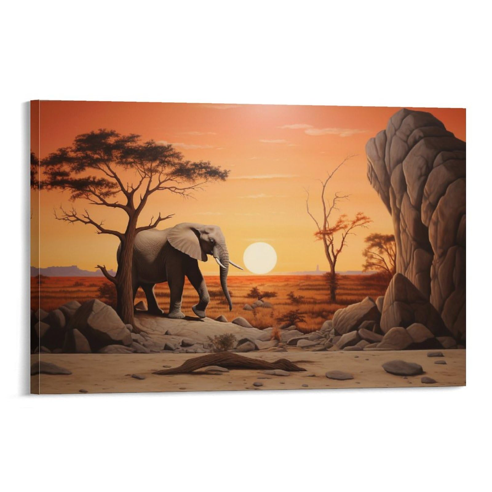 AYAROS Interesting Elephant Painting Poster Sunset Natural Landscape Animal Canvas Wall Art Prints Painting for House Room Framed 08x12 inch